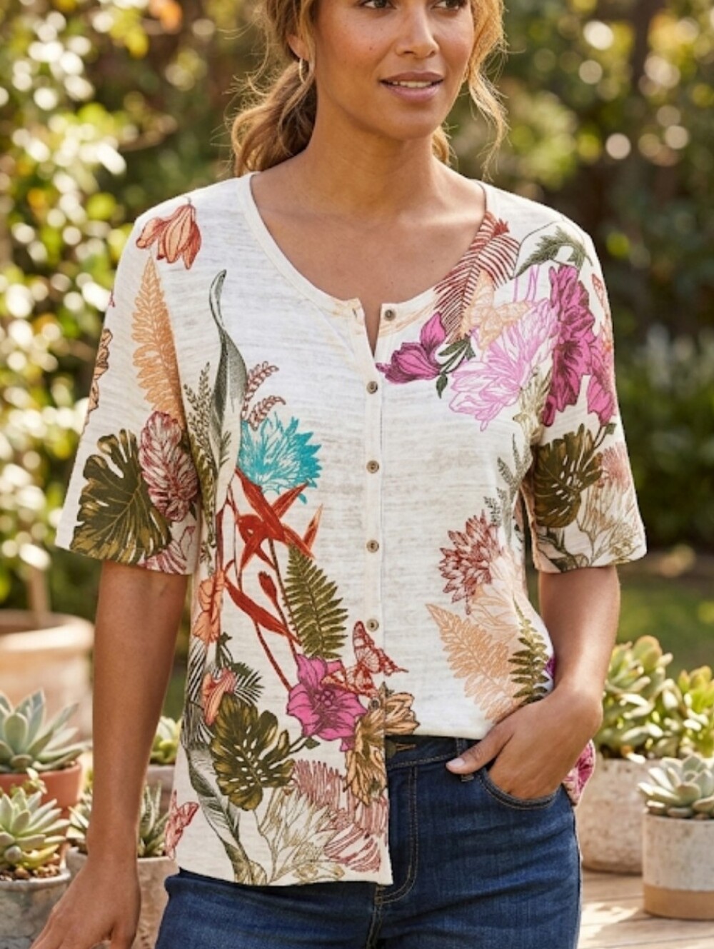 Christopher & Banks Cream Floral Button-Front Short Sleeve Top